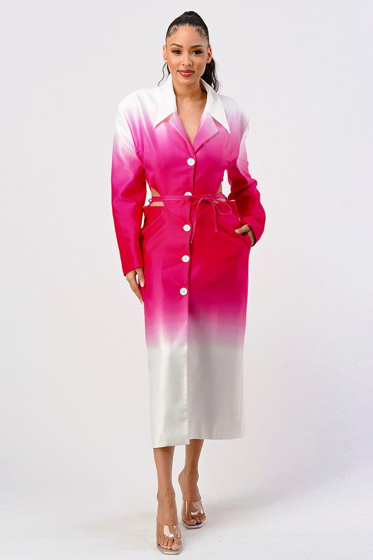 Woman wearing a pink and white gradient dress on a white background