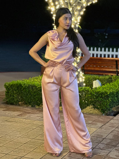 Pink Wide Leg Satin Pant Set