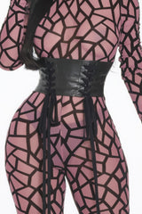 Pink See Through Geometric Printed Jersey Jumpsuit close up