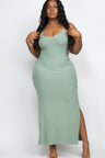 green Plus Size Ribbed Side Slit Long Cami Maxi Dress