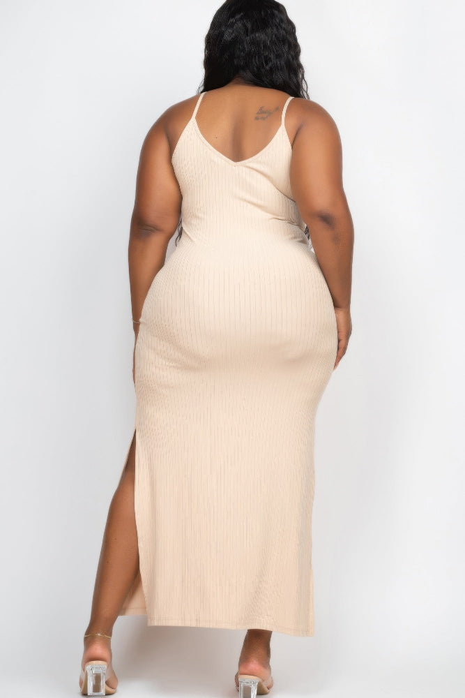 khaki Plus Size Ribbed Side Slit Long Cami Maxi Dress back view
