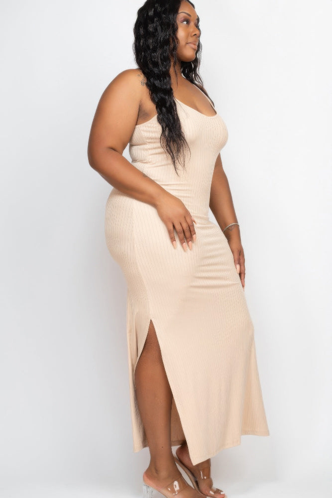 khaki Plus Size Ribbed Side Slit Long Cami Maxi Dress side view