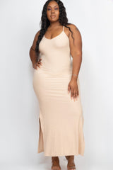 khaki Plus Size Ribbed Side Slit Long Cami Maxi Dress full view