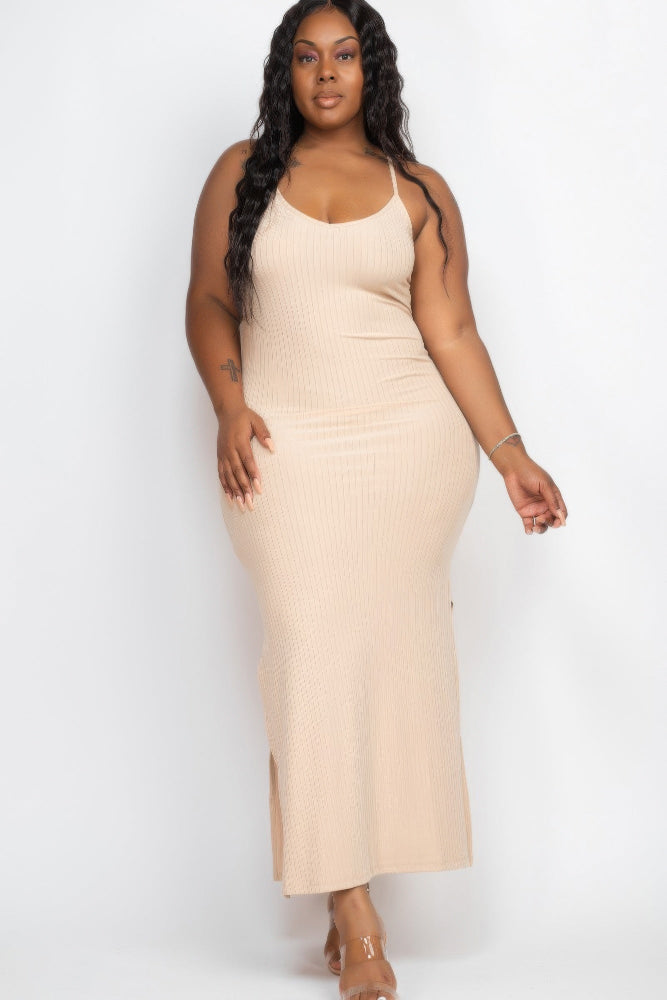 khaki Plus Size Ribbed Side Slit Long Cami Maxi Dress front view