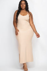 khaki Plus Size Ribbed Side Slit Long Cami Maxi Dress front view