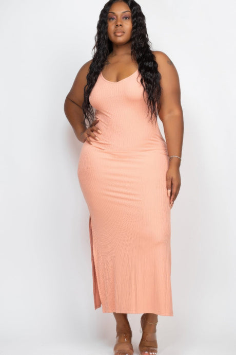 peach Plus Size Ribbed Side Slit Long Cami Maxi Dress