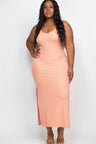 peach Plus Size Ribbed Side Slit Long Cami Maxi Dress