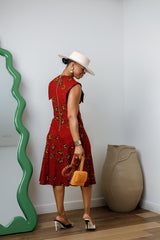 Raisa Red African Dress: Butterfly Print Sleeveless Midi Style