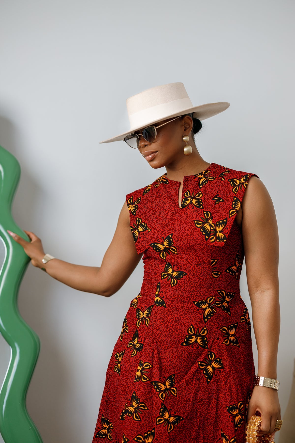 Raisa Red African Dress: Butterfly Print Sleeveless Midi Style
