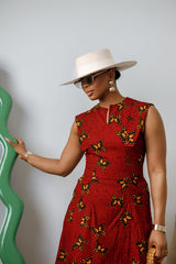 Raisa Red African Dress: Butterfly Print Sleeveless Midi Style