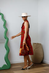 Raisa Red African Dress: Butterfly Print Sleeveless Midi Style