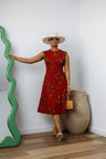 Raisa Red African Dress: Butterfly Print Sleeveless Midi Style