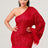 Azure Allure One-Shoulder Dress: Red Sequin Feather Party Mini Dress