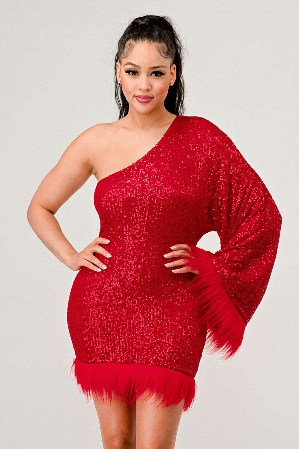 Azure Allure One-Shoulder Dress: Red Sequin Feather Party Mini Dress