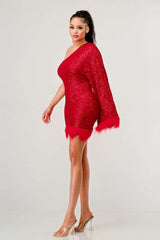 Azure Allure One-Shoulder Dress: Red Sequin Feather Party Mini Dress