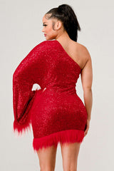 Azure Allure One-Shoulder Dress: Red Sequin Feather Party Mini Dress