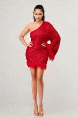 Azure Allure One-Shoulder Dress: Red Sequin Feather Party Mini Dress