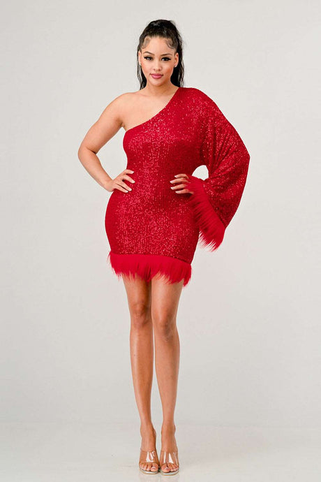 Azure Allure One-Shoulder Dress: Red Sequin Feather Party Mini Dress