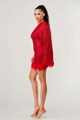 Azure Allure One-Shoulder Dress: Red Sequin Feather Party Mini Dress