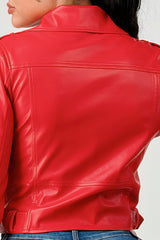 Red Zipped Up Faux Leather Jacket back