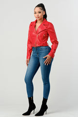 Red Zipped Up Faux Leather Jacket