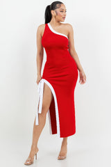 Red dress with white accents worn by a model on a white background