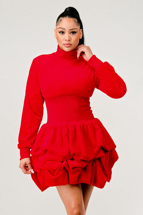 Woman wearing Red Ruffle Long Sleeve Mini Dress