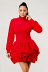 Woman wearing Red Ruffle Long Sleeve Mini Dress