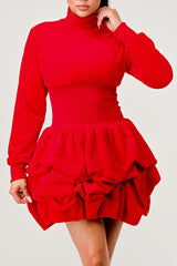 Close up of Red Ruffle Long Sleeve Mini Dress