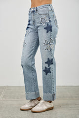 Star & Heart Patch High Rise Dad Jeans