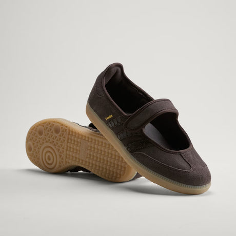 Brown Adidas Samba Jane Mary Jane Sneakers with a velcro strap on a light gray background