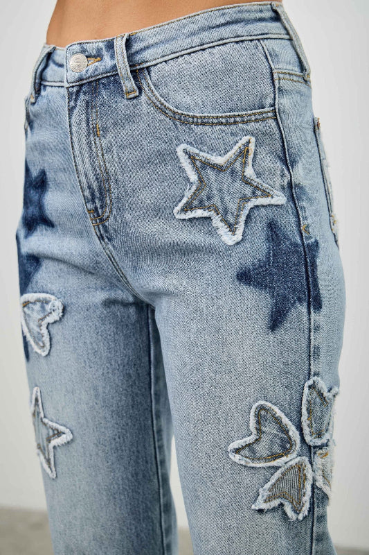Star & Heart Patch High Rise Dad Jeans