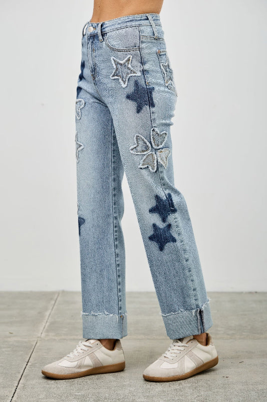 Star & Heart Patch High Rise Dad Jeans