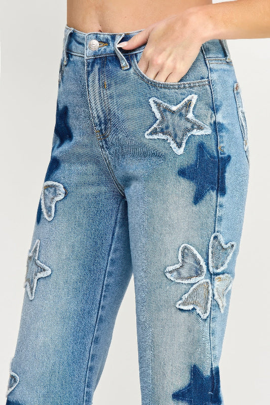 Star & Heart Patch High Rise Dad Jeans