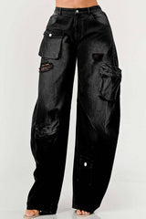 Black Washed Distressed Cargo Jeans: High Waist Loose Denim Pants