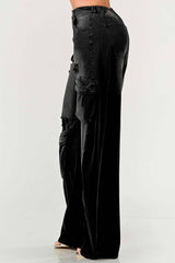 Black Washed Distressed Cargo Jeans: High Waist Loose Denim Pants
