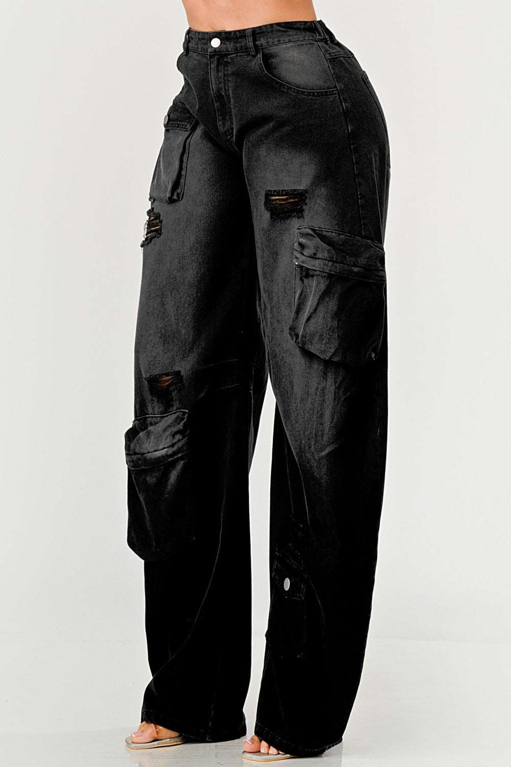 Black Washed Distressed Cargo Jeans: High Waist Loose Denim Pants