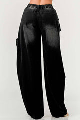 Black Washed Distressed Cargo Jeans: High Waist Loose Denim Pants