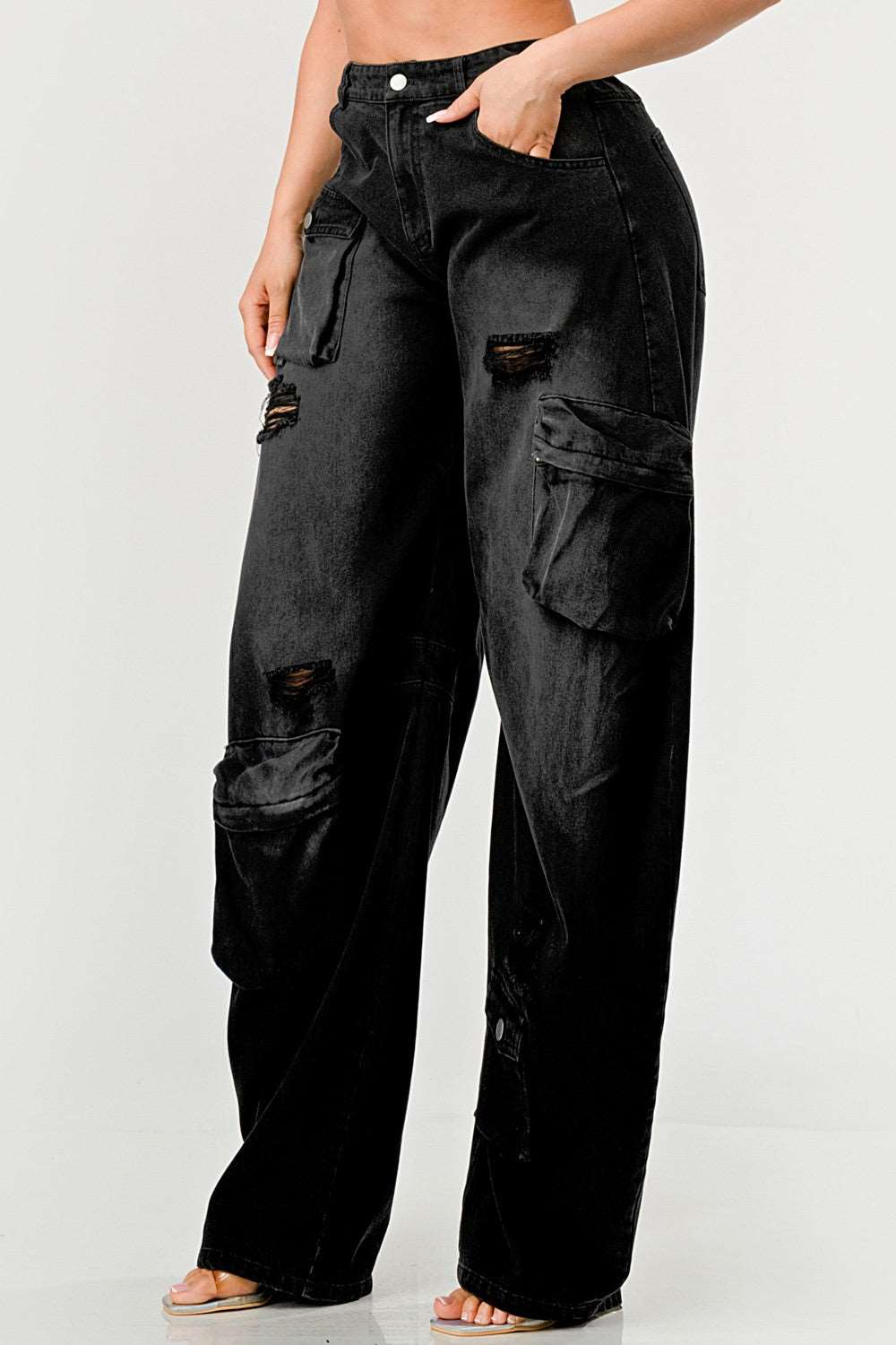 Black Washed Distressed Cargo Jeans: High Waist Loose Denim Pants