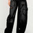 Black Washed Distressed Cargo Jeans: High Waist Loose Denim Pants