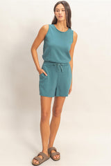 Teal Drawstring Waist Sleeveless Romper