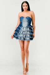 denim statement dress with ruffled tiers