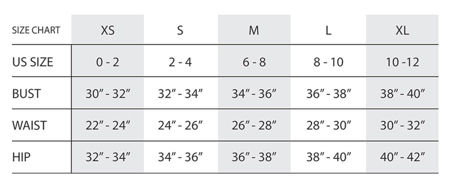 Size chart for clothing measurements with labeled columns and rows.