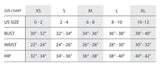 Size chart for clothing measurements with labeled columns and rows.