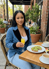 Woman sitting at an outdoor cafe table with a drink and food, surrounded by plants and other patrons.