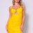front view of yellow Spaghetti strap twist front cutout ruched mini dress