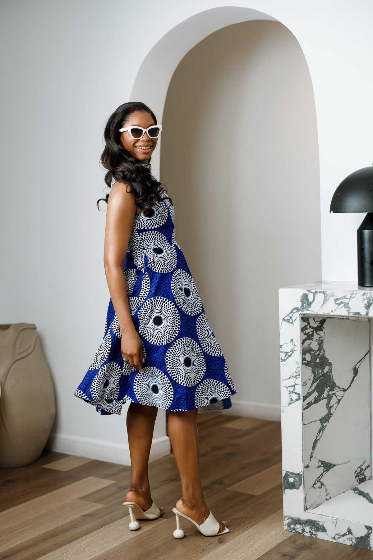 Zuri African Print Midi Dress with High Neck in Blue