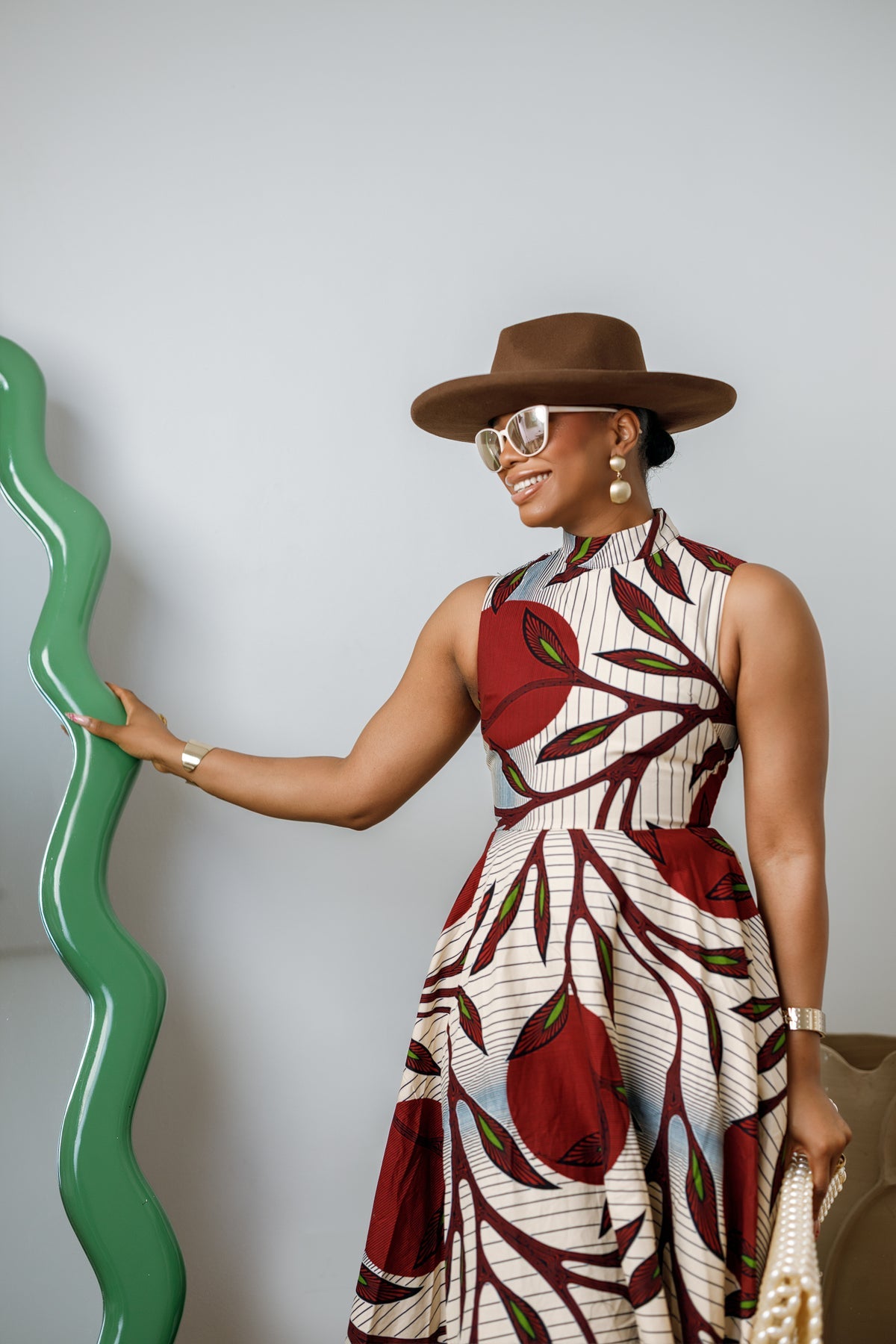Zuri African Print Midi Dress with High Neck in Red