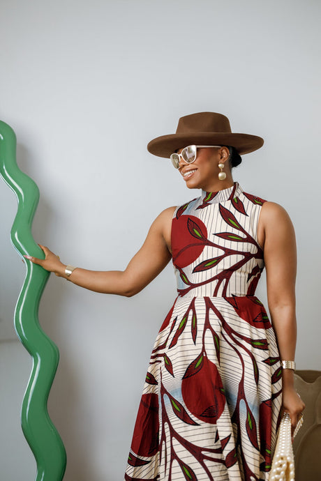 Zuri African Print Midi Dress with High Neck in Red