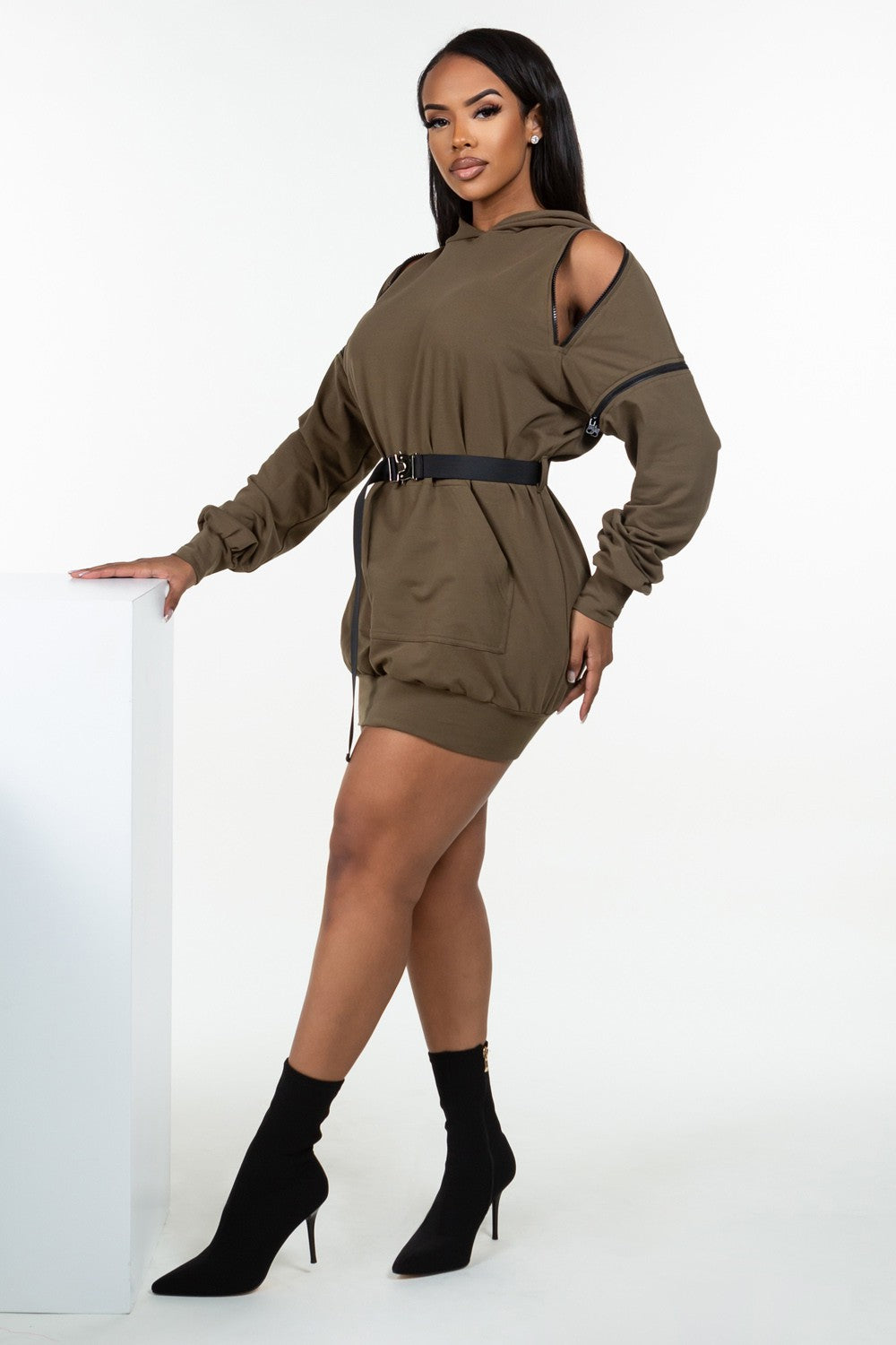 long sleeve hooded mini dress Organic Cotton Soft Pink Long Sleeve Hooded Mini Dress with Pockets XS / Organic Cotton Interlock Jersey